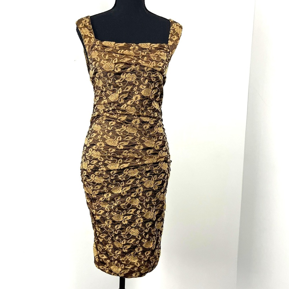 Free People Gold Floral Ruched Bodycon Midi Dress M Distressed Indie Sleeze Glam